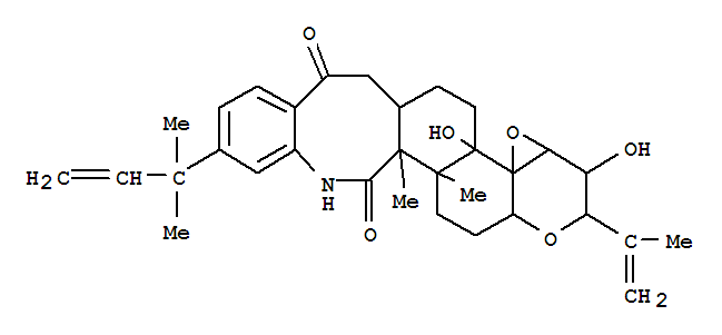 139975-53-4  2H,6H-Oxireno[3',4']pyrano[3',2':5,6]naphtho[1,2-c][1]benzazocine-8,14(7H,13H)-dione,11-(1,1-dimethyl-2-propenyl)-3,3a,4b,5,6a,14a,14b,15,16,16a-decahydro-3,4b-dihydroxy-14a,14b-dimethyl-2-(1-methylethenyl)-,(2R,3S,3aR,4aS,4bS,6aS,14aS,14bR,16aS)- (9CI)