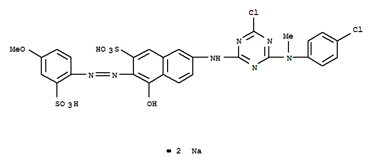 141255-33-6  2-Naphthalenesulfonicacid,7-[[4-chloro-6-[(4-chlorophenyl)methylamino]-1,3,5-triazin-2-yl]amino]-4-hydroxy-3-[2-(4-methoxy-2-sulfophenyl)diazenyl]-,sodium salt (1:2)