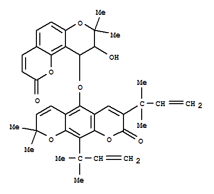 158443-93-7  2H,8H-Benzo[1,2-b:5,4-b']dipyran-2-one,5-[(9,10-dihydro-8,8-dimethyl-9-hydroxy-2-oxo-2H,8H-benzo[1,2-b:3,4-b']dipyran-10-yl)oxy]-3,10-bis(1,1-dimethyl-2-propenyl)-8,8-dimethyl-(9CI)