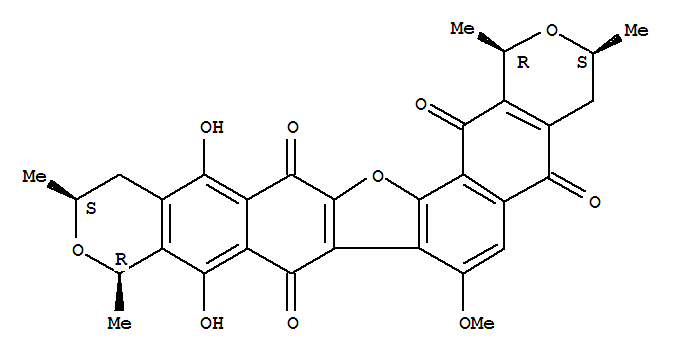 160700-44-7  1H,8H-Pyrano[4''',3''':6'',7'']naphtho[2'',3'':4',5']furo[3',2':7,8]naphtho[2,3-c]pyran-5,8,15,17(10H)-tetrone,3,4,12,13-tetrahydro-9,14-dihydroxy-7-methoxy-1,3,10,12-tetramethyl-,(1R,3S,10R,12S)-rel-