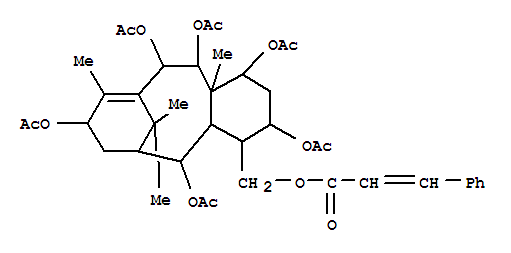 162558-79-4  2-Propenoic acid,3-phenyl-,[(1S,3S,4R,4aR,5R,6R,8S,11R,12R,12aS)-1,3,5,8,11,12-hexakis(acetyloxy)-1,2,3,4,4a,5,6,7,8,11,12,12a-dodecahydro-9,12a,13,13-tetramethyl-6,10-methanobenzocyclodecen-4-yl]methylester, (2E)- (9CI)