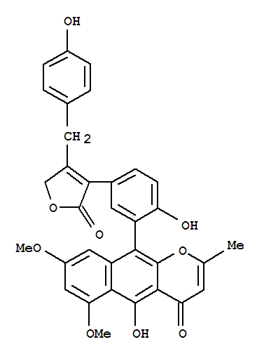 177912-47-9  4H-Naphtho[2,3-b]pyran-4-one,10-[5-[2,5-dihydro-4-[(4-hydroxyphenyl)methyl]-2-oxo-3-furanyl]-2-hydroxyphenyl]-5-hydroxy-6,8-dimethoxy-2-methyl-