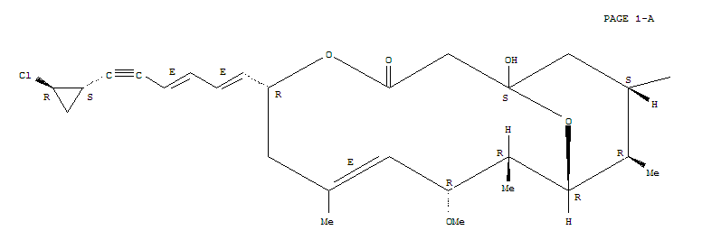 183671-13-8  4H-Pyrano[3,4-d]oxazol-2(3H)-one,6-[[(1S,5R,7E,9R,10R,11R,12R,13S)-5-[(1E,3E)-6-[(1S,2R)-2-chlorocyclopropyl]-1,3-hexadien-5-yn-1-yl]-1-hydroxy-9-methoxy-7,10,12-trimethyl-3-oxo-4,15-dioxabicyclo[9.3.1]pentadec-7-en-13-yl]oxy]tetrahydro-7-methoxy-4,7a-dim
