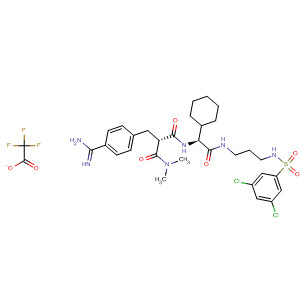 280553-89-1  Propanediamide,2-[[4-(aminoiminomethyl)phenyl]methyl]-N'-[(1S)-1-cyclohexyl-2-[[3-[[(3,5-dichlorophenyl)sulfonyl]amino]propyl]amino]-2-oxoethyl]-N,N-dimethyl-,(2R)-, mono(trifluoroacetate)