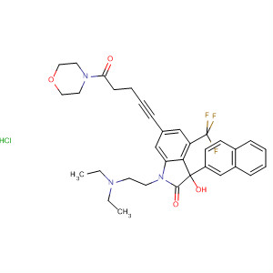 259667-12-4  Morpholine,4-[5-[1-[2-(diethylamino)ethyl]-2,3-dihydro-3-hydroxy-3-(2-naphthalenyl)-2-oxo-4-(trifluoromethyl)-1H-indol-6-yl]-1-oxo-4-pentynyl]-,monohydrochloride