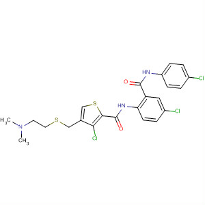 229338-84-5  2-Thiophenecarboxamide,3-chloro-N-[4-chloro-2-[[(4-chlorophenyl)amino]carbonyl]phenyl]-4-[[[2-(dimethylamino)ethyl]thio]methyl]-
