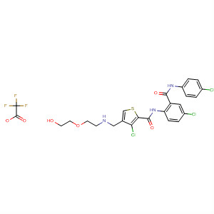 229340-23-2  2-Thiophenecarboxamide,3-chloro-N-[4-chloro-2-[[(4-chlorophenyl)amino]carbonyl]phenyl]-4-[[[2-(2-hydroxyethoxy)ethyl]amino]methyl]-, mono(trifluoroacetate) (salt)
