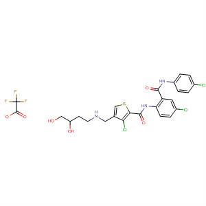 229340-35-6  2-Thiophenecarboxamide,3-chloro-N-[4-chloro-2-[[(4-chlorophenyl)amino]carbonyl]phenyl]-4-[[(2,3-dihydroxypropyl)methylamino]methyl]-, mono(trifluoroacetate) (salt)