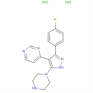 216505-94-1  Pyrimidine, 4-[3-(4-fluorophenyl)-5-(1-piperazinyl)-1H-pyrazol-4-yl]-,dihydrochloride