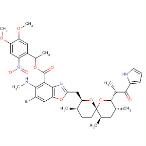 216529-47-4  4-Benzoxazolecarboxylic acid,6-bromo-5-(methylamino)-2-[[(2R,3R,6S,8S,9R,11R)-3,9,11-trimethyl-8-[(1S)-1-methyl-2-oxo-2-(1H-pyrrol-2-yl)ethyl]-1,7-dioxaspiro[5.5]undec-2-yl]methyl]-, 1-(4,5-dimethoxy-2-nitrophenyl)ethyl ester
