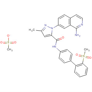 218299-32-2  1H-Pyrazole-5-carboxamide,1-(1-amino-7-isoquinolinyl)-3-methyl-N-[2'-(methylsulfonyl)[1,1'-biphenyl]-4-yl]-, monomethanesulfonate