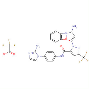 218299-98-0  1H-Pyrazole-5-carboxamide,1-(3-amino-1,2-benzisoxazol-5-yl)-N-[4-(2-amino-1H-imidazol-1-yl)phenyl]-3-(trifluoromethyl)-, mono(trifluoroacetate)