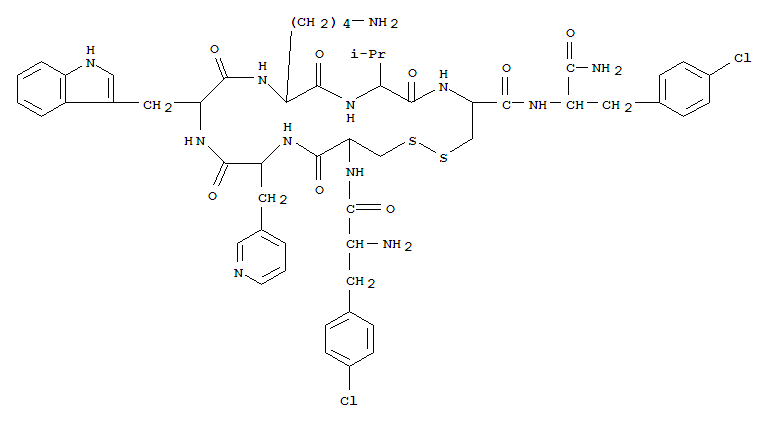 209006-05-3  L-Phenylalaninamide,4-chloro-L-phenylalanyl-D-cysteinyl-3-(3-pyridinyl)-L-alanyl-D-tryptophyl-L-lysyl-L-valyl-L-cysteinyl-4-chloro-,cyclic (2®7)-disulfide