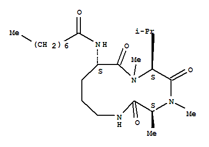 22049-35-0  L-Alanine,N2-(1-oxooctyl)-L-ornithyl-N-methyl-L-valyl-N-methyl-, cyclic (3®1)-peptide (9CI)