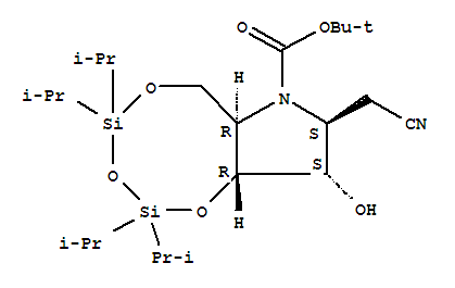 222854-81-1  1,3,5,2,4-Trioxadisilocino[7,6-b]pyrrole-7(6H)-carboxylicacid, 8-(cyanomethyl)tetrahydro-9-hydroxy-2,2,4,4-tetrakis(1-methylethyl)-,1,1-dimethylethyl ester, (6aR,8S,9S,9aR)-