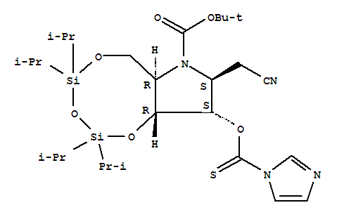 222854-82-2  1,3,5,2,4-Trioxadisilocino[7,6-b]pyrrole-7(6H)-carboxylicacid,8-(cyanomethyl)tetrahydro-9-(1H-imidazol-1-ylthioxomethoxy)-2,2,4,4-tetrakis(1-methylethyl)-,1,1-dimethylethyl ester, (6aR,8S,9S,9aR)-