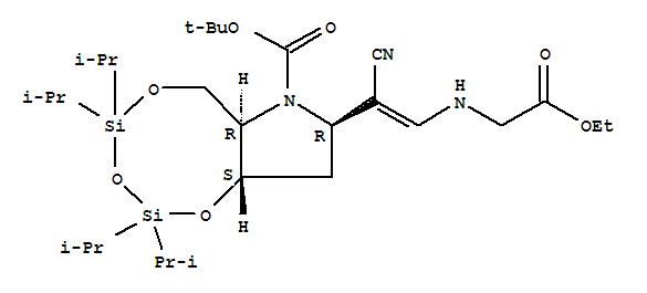 222854-85-5  1,3,5,2,4-Trioxadisilocino[7,6-b]pyrrole-7(6H)-carboxylicacid,8-[1-cyano-2-[(2-ethoxy-2-oxoethyl)amino]ethenyl]tetrahydro-2,2,4,4-tetrakis(1-methylethyl)-,1,1-dimethylethyl ester, (6aR,8R,9aS)-