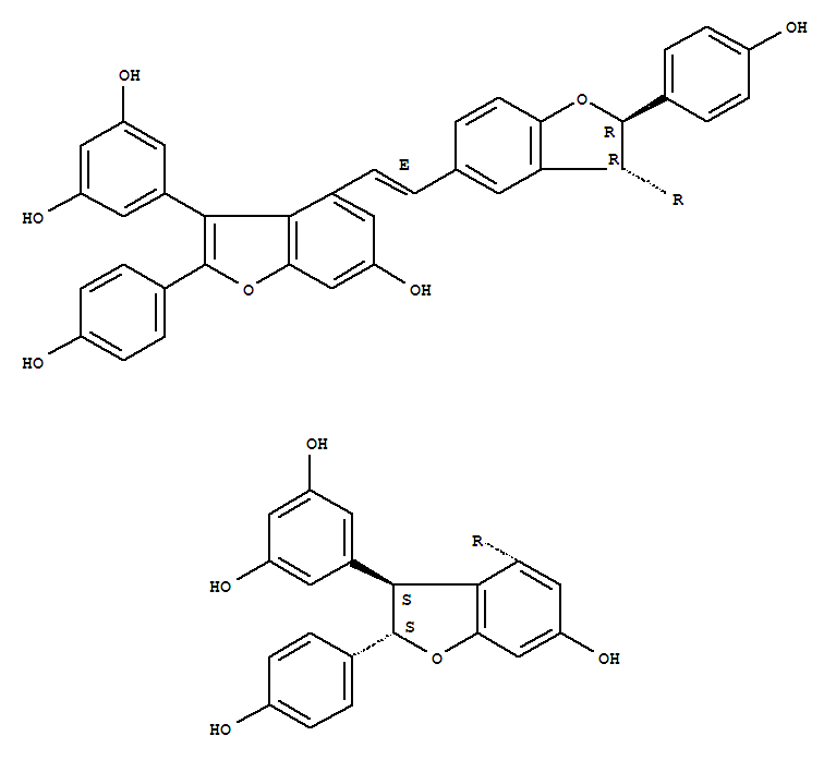 223558-40-5  1,3-Benzenediol,5-[(2R,2'S,3R,3'S)-5-[(1E)-2-[3-(3,5-dihydroxyphenyl)-6-hydroxy-2-(4-hydroxyphenyl)-4-benzofuranyl]ethenyl]-2,2',3,3'-tetrahydro-6'-hydroxy-2,2'-bis(4-hydroxyphenyl)[3,4'-bibenzofuran]-3'-yl]-
