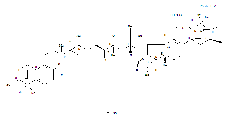 225235-66-5  Pregn-8-ene-2,3,6-triol,3,19-epoxy-20-[(1R,2S,4R,6R)-2-[(3b)-3,19-epoxy-3-hydroxy-4,4-dimethyl-24-norchola-5,8-dien-23-yl]-1,7,7-trimethyl-3,8-dioxabicyclo[4.2.1]non-4-yl]-4,4-dimethyl-,6-(hydrogen sulfate), monosodium salt, (2b,3b,5a,6a,20S)- (9CI)