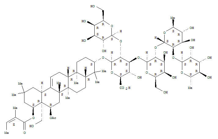 230309-58-7  b-D-Glucopyranosiduronic acid, (3b,16a,22a)-16-(acetyloxy)-28-hydroxy-22-[[(2Z)-2-methyl-1-oxo-2-butenyl]oxy]olean-12-en-3-ylO-6-deoxy-a-L-mannopyranosyl-(1®2)-O-6-deoxy-a-L-mannopyranosyl-(1®2)-O-b-D-galactopyranosyl-(1®3)-O-[b-D-galactopyran