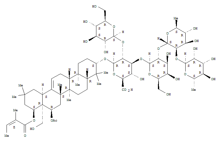 230309-59-8  b-D-Glucopyranosiduronic acid, (3b,16a,22a)-16-(acetyloxy)-28-hydroxy-22-[[(2Z)-2-methyl-1-oxo-2-butenyl]oxy]olean-12-en-3-ylO-6-deoxy-a-L-mannopyranosyl-(1®2)-O-6-deoxy-a-L-mannopyranosyl-(1®2)-O-b-D-galactopyranosyl-(1®3)-O-[b-D-glucopyranos