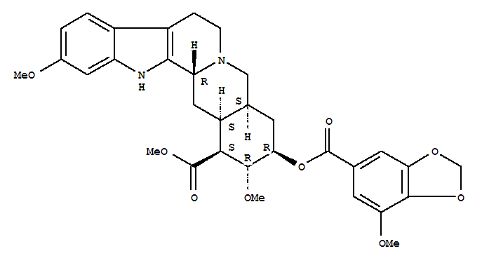 23924-95-0  Yohimban-16-carboxylicacid, 11,17-dimethoxy-18-[[(7-methoxy-1,3-benzodioxol-5-yl)carbonyl]oxy]-,methyl ester, (3b,16b,17a,18b,20a)- (9CI)