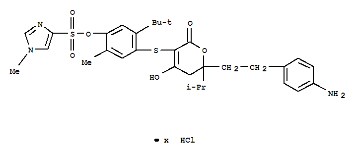 263843-01-2  1H-Imidazole-4-sulfonicacid, 1-methyl-,4-[[6-[2-(4-aminophenyl)ethyl]-5,6-dihydro-4-hydroxy-6-(1-methylethyl)-2-oxo-2H-pyran-3-yl]thio]-5-(1,1-dimethylethyl)-2-methylphenylester, hydrochloride (1:?)