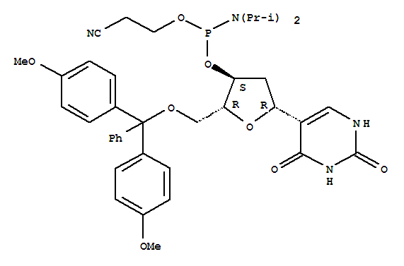 289712-98-7  2,4(1H,3H)-Pyrimidinedione,5-[5-O-[bis(4-methoxyphenyl)phenylmethyl]-3-O-[[bis(1-methylethyl)amino](2-cyanoethoxy)phosphino]-2-deoxy-b-D-erythro-pentofuranosyl]-
