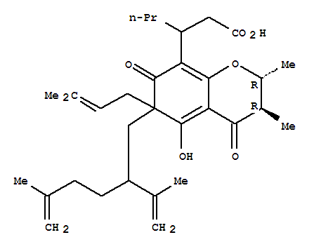 29077-60-9  2H-1-Benzopyran-8-propanoicacid,3,4,6,7-tetrahydro-5-hydroxy-2,3-dimethyl-6-(3-methyl-2-buten-1-yl)-6-[5-methyl-2-(1-methylethenyl)-5-hexen-1-yl]-4,7-dioxo-b-propyl-, (2R,3R)-rel-