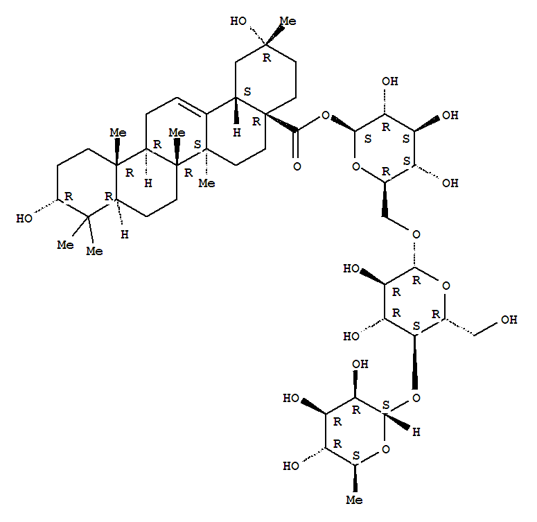 201802-90-6  30-Norolean-12-en-28-oicacid, 3,20-dihydroxy-, O-6-deoxy-a-L-mannopyranosyl-(1®4)-O-b-D-glucopyranosyl-(1®6)-b-D-glucopyranosyl ester, (3a,20a)- (9CI)