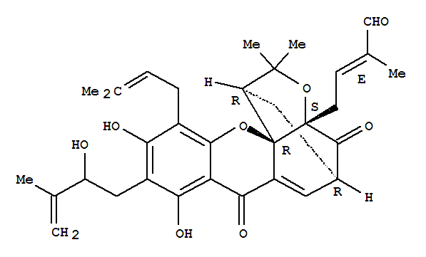 208455-11-2  2-Butenal,2-methyl-4-[(1R,3aS,5S,12aS)-3a,4,5,7-tetrahydro-8,10-dihydroxy-9-(2-hydroxy-3-methyl-3-buten-1-yl)-3,3-dimethyl-11-(3-methyl-2-buten-1-yl)-7,13-dioxo-1,5-methano-1H,3H-furo[3,4-d]xanthen-1-yl]-,(2E)-rel-