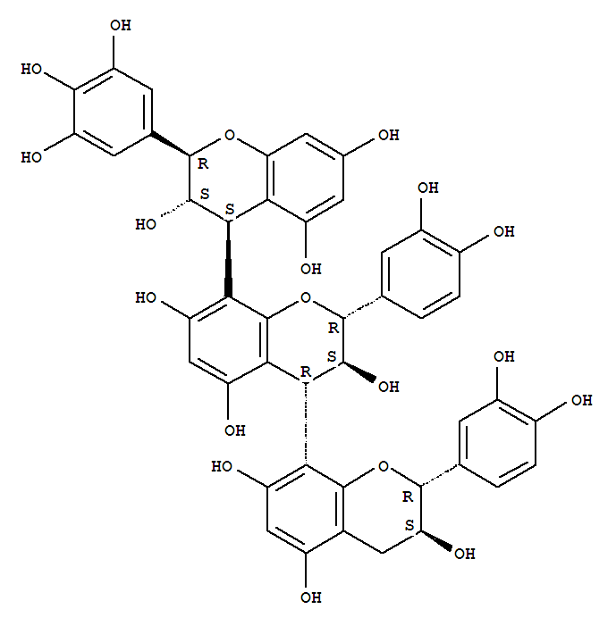 212269-43-7  [4,8':4',8''-Ter-2H-1-benzopyran]-3,3',3'',5,5',5'',7,7',7''-nonol,2',2''-bis(3,4-dihydroxyphenyl)-3,3',3'',4,4',4''-hexahydro-2-(3,4,5-trihydroxyphenyl)-,(2R,2'R,2''R,3S,3'S,3''S,4S,4'R)-