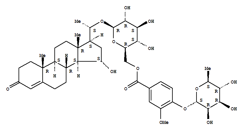 212624-67-4  Pregn-4-en-3-one,20-[[6-O-[4-[(6-deoxy-a-L-mannopyranosyl)oxy]-3-methoxybenzoyl]-b-D-glucopyranosyl]oxy]-15-hydroxy-, (15a,20S)- (9CI)