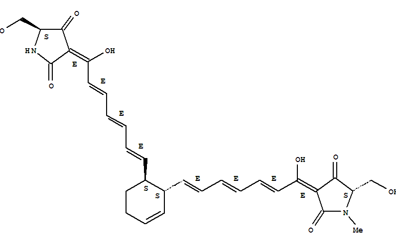 220422-47-9  2,4-Pyrrolidinedione,3-[(2E,4E,6E)-1-hydroxy-7-[(1S,6S)-6-[(1E,3E,5E,7E)-7-hydroxy-7-[(5S)-5-(hydroxymethyl)-2,4-dioxo-3-pyrrolidinylidene]-1,3,5-heptatrienyl]-2-cyclohexen-1-yl]-2,4,6-heptatrienylidene]-5-(hydroxymethyl)-1-methyl-,(3E,5S)- (9CI)