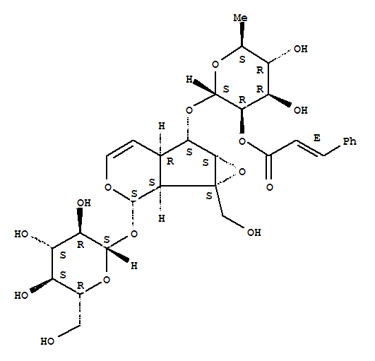 221014-58-0  b-D-Glucopyranoside,(1aS,1bS,2S,5aR,6S,6aS)-6-[[6-deoxy-2-O-[(2E)-1-oxo-3-phenyl-2-propen-1-yl]-a-L-mannopyranosyl]oxy]-1a,1b,2,5a,6,6a-hexahydro-1a-(hydroxymethyl)oxireno[4,5]cyclopenta[1,2-c]pyran-2-yl