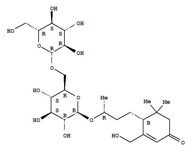 224047-74-9  2-Cyclohexen-1-one,4-[(3R)-3-[(6-O-b-D-glucopyranosyl-b-D-glucopyranosyl)oxy]butyl]-3-(hydroxymethyl)-5,5-dimethyl-,(4R)-