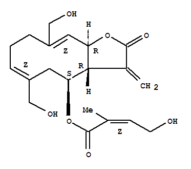 22419-78-9  2-Butenoic acid,4-hydroxy-2-methyl-,(3aR,4S,6Z,10Z,11aR)-2,3,3a,4,5,8,9,11a-octahydro-6,10-bis(hydroxymethyl)-3-methylene-2-oxocyclodeca[b]furan-4-ylester, (2Z)-