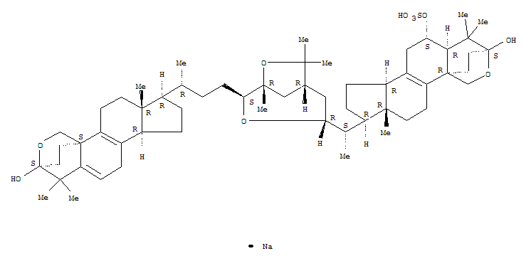 225235-70-1  Pregn-8-ene-3,6-diol,3,19-epoxy-20-[(1R,2S,4R,6R)-2-[(3b)-3,19-epoxy-3-hydroxy-4,4-dimethyl-24-norchola-5,8-dien-23-yl]-1,7,7-trimethyl-3,8-dioxabicyclo[4.2.1]non-4-yl]-4,4-dimethyl-,6-(hydrogen sulfate), monosodium salt, (3b,5a,6a,20S)- (9CI)