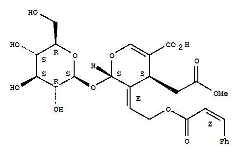230287-05-5  2H-Pyran-4-acetic acid,5-carboxy-2-(b-D-glucopyranosyloxy)-3,4-dihydro-3-[2-[[(2Z)-1-oxo-3-phenyl-2-propenyl]oxy]ethylidene]-,a-methyl ester, (2S,3E,4S)- (9CI)