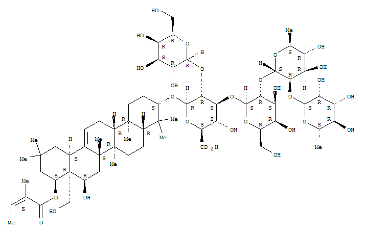 230309-49-6  b-D-Glucopyranosiduronic acid, (3b,16a,22a)-16,28-dihydroxy-22-[[(2Z)-2-methyl-1-oxo-2-butenyl]oxy]olean-12-en-3-ylO-6-deoxy-a-L-mannopyranosyl-(1®2)-O-6-deoxy-a-L-mannopyranosyl-(1®2)-O-b-D-galactopyranosyl-(1®3)-O-[b-D-galactopyranosyl-(1&re