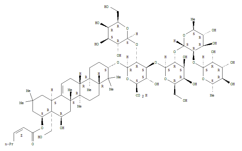 230309-60-1  b-D-Glucopyranosiduronic acid, (3b,16a,22a)-16,28-dihydroxy-22-[[(2Z)-1-oxo-2-hexenyl]oxy]olean-12-en-3-ylO-6-deoxy-a-L-mannopyranosyl-(1®2)-O-6-deoxy-a-L-mannopyranosyl-(1®2)-O-b-D-galactopyranosyl-(1®3)-O-[b-D-galactopyranosyl-(1®2)]- (9
