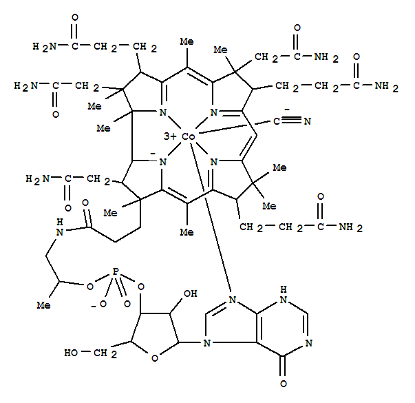 23297-71-4  Cobinamide, Co-(cyano-kC)-, dihydrogen phosphate(ester), inner salt, 3'-ester with (1,7-dihydro-7-a-D-ribofuranosyl-6H-purin-6-one-kN9) (9CI)