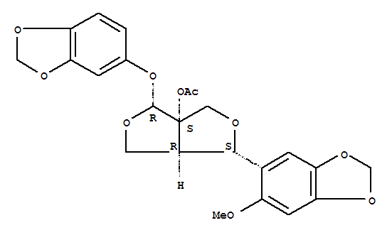 23720-86-7  1H,3H-Furo[3,4-c]furan-3a(4H)-ol,4-(1,3-benzodioxol-5-yloxy)dihydro-1-(6-methoxy-1,3-benzodioxol-5-yl)-,3a-acetate, (1S,3aS,4R,6aR)-