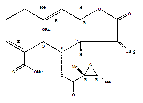 24694-79-9  Cyclodeca[b]furan-6-carboxylicacid,5-(acetyloxy)-4-[[[(2R,3R)-2,3-dimethyl-2-oxiranyl]carbonyl]oxy]-2,3,3a,4,5,8,9,11a-octahydro-10-methyl-3-methylene-2-oxo-,methyl ester, (3aS,4S,5S,6E,10E,11aR)-