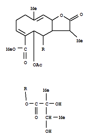 24806-56-2  Cyclodeca[b]furan-6-carboxylicacid,5-(acetyloxy)-4-(2,3-dihydroxy-2-methyl-1-oxobutoxy)-2,3,3a,4,5,8,9,11a-octahydro-3,10-dimethyl-2-oxo-,methyl ester (9CI)