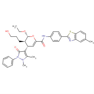 394253-02-2  2H-Pyran-6-carboxamide,4-(2,3-dihydro-1,5-dimethyl-3-oxo-2-phenyl-1H-pyrazol-4-yl)-2-ethoxy-3,4-dihydro-3-(3-hydroxypropyl)-N-[4-(5-methyl-2-benzothiazolyl)phenyl]-,(2R,3R,4S)-