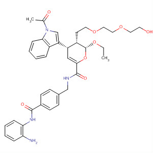 394253-16-8  2H-Pyran-6-carboxamide,4-(1-acetyl-1H-indol-3-yl)-N-[[4-[[(2-aminophenyl)amino]carbonyl]phenyl]methyl]-2-ethoxy-3,4-dihydro-3-[2-[2-(2-hydroxyethoxy)ethoxy]ethyl]-,(2R,3S,4S)-