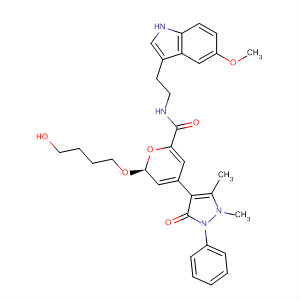 394253-45-3  2H-Pyran-6-carboxamide,4-(2,3-dihydro-1,5-dimethyl-3-oxo-2-phenyl-1H-pyrazol-4-yl)-3,4-dihydro-2-(4-hydroxybutoxy)-N-[2-(5-methoxy-1H-indol-3-yl)ethyl]-, (2S,4S)-