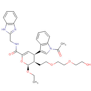 394253-57-7  2H-Pyran-6-carboxamide,4-(1-acetyl-1H-indol-3-yl)-N-(1H-benzimidazol-2-ylmethyl)-2-ethoxy-3,4-dihydro-3-[2-[2-(2-hydroxyethoxy)ethoxy]ethyl]-, (2S,3R,4R)-