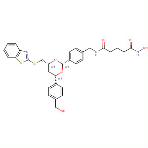 394657-68-2  Pentanediamide,N-[[4-[(2R,4R,6S)-4-[(2-benzothiazolylthio)methyl]-6-[4-(hydroxymethyl)phenyl]-1,3-dioxan-2-yl]phenyl]methyl]-N'-hydroxy-, rel-
